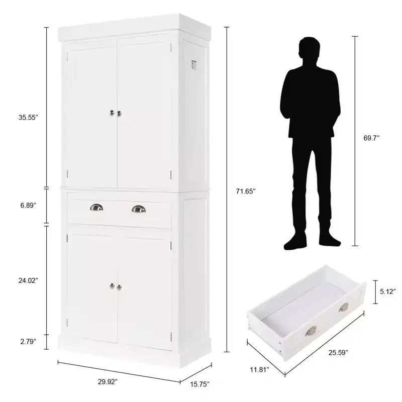 VINGLI Meubles de Rangement Blancs de 72 Pouces avec Tiroirs, Armoires de Garde-Manger Autoportantes avec Portes et Étagères Réglables, Armoire de Rangement de Cuisine Style Ferme