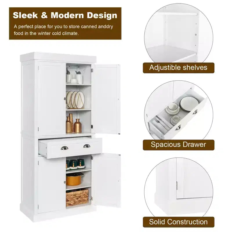 VINGLI Meubles de Rangement Blancs de 72 Pouces avec Tiroirs, Armoires de Garde-Manger Autoportantes avec Portes et Étagères Réglables, Armoire de Rangement de Cuisine Style Ferme