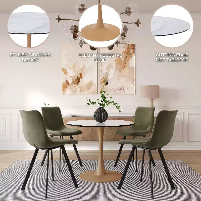 Table à manger ronde LeisureMod Bristol, plateau en MDF avec piètement en acier imitation bois naturel, table de cuisine et de salle à manger moderne, table d'appoint