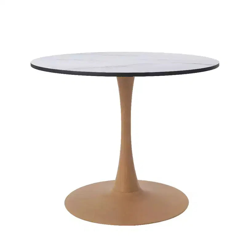 Table à manger ronde LeisureMod Bristol, plateau en MDF avec piètement en acier imitation bois naturel, table de cuisine et de salle à manger moderne, table d'appoint