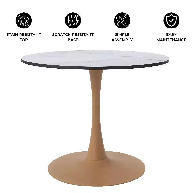 Table à manger ronde LeisureMod Bristol, plateau en MDF avec piètement en acier imitation bois naturel, table de cuisine et de salle à manger moderne, table d'appoint