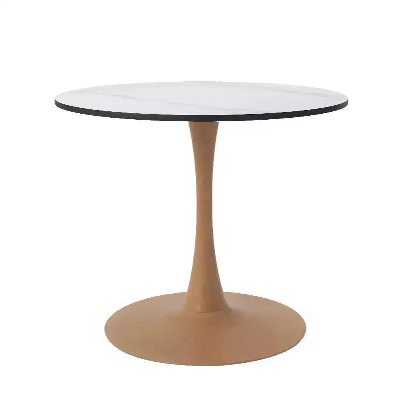 Table à manger ronde LeisureMod Bristol, plateau en MDF avec piètement en acier imitation bois naturel, table de cuisine et de salle à manger moderne, table d'appoint
