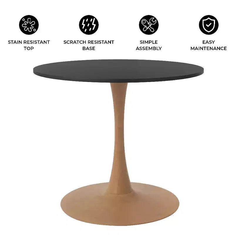 Table à manger ronde LeisureMod Bristol, plateau en MDF avec piètement en acier imitation bois naturel, table de cuisine et de salle à manger moderne, table d'appoint