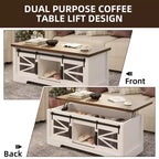 Table basse multifonctionnelle relevable CuisinSmart Farmhouse, porte coulissante façon grange, compartiment de rangement caché, table à manger convertible avec étagère réglable