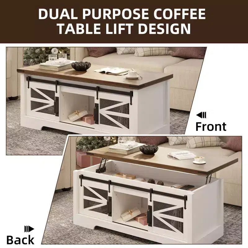 Table basse multifonctionnelle relevable CuisinSmart Farmhouse, porte coulissante façon grange, compartiment de rangement caché, table à manger convertible avec étagère réglable