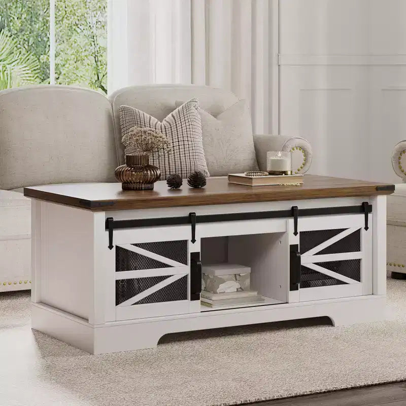 Table basse multifonctionnelle relevable CuisinSmart Farmhouse, porte coulissante façon grange, compartiment de rangement caché, table à manger convertible avec étagère réglable