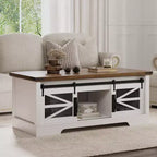 Table basse multifonctionnelle relevable CuisinSmart Farmhouse, porte coulissante façon grange, compartiment de rangement caché, table à manger convertible avec étagère réglable