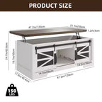 Table basse multifonctionnelle relevable CuisinSmart Farmhouse, porte coulissante façon grange, compartiment de rangement caché, table à manger convertible avec étagère réglable