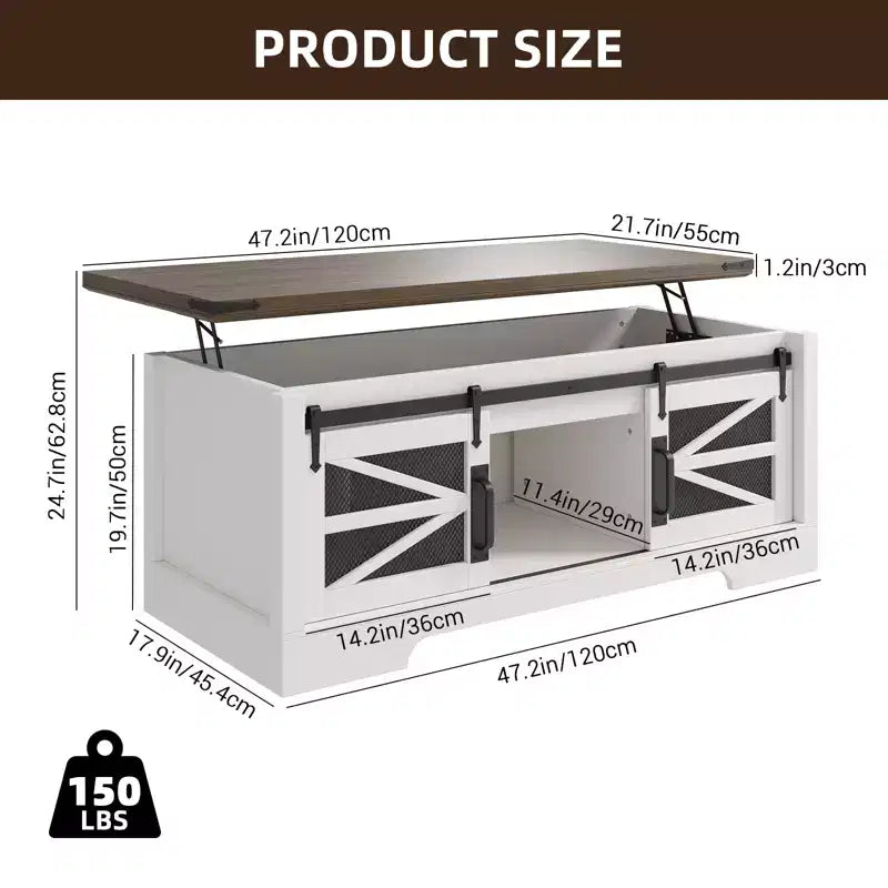 Table basse multifonctionnelle relevable CuisinSmart Farmhouse, porte coulissante façon grange, compartiment de rangement caché, table à manger convertible avec étagère réglable