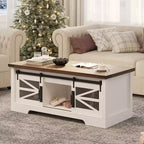 Table basse multifonctionnelle relevable CuisinSmart Farmhouse, porte coulissante façon grange, compartiment de rangement caché, table à manger convertible avec étagère réglable