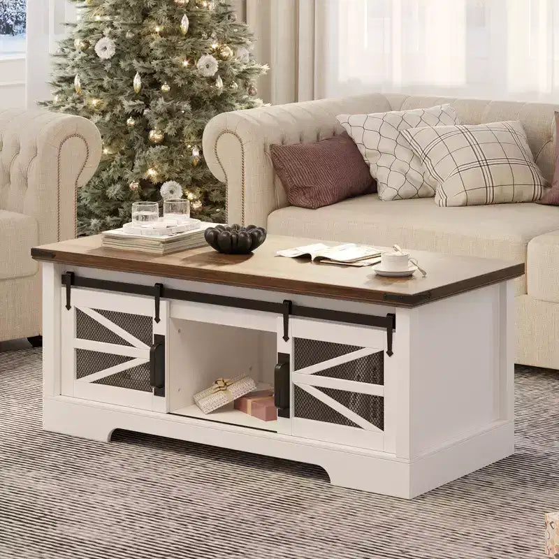 Table basse multifonctionnelle relevable CuisinSmart Farmhouse, porte coulissante façon grange, compartiment de rangement caché, table à manger convertible avec étagère réglable