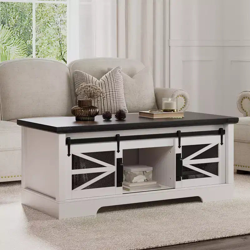 Table basse multifonctionnelle relevable CuisinSmart Farmhouse, porte coulissante façon grange, compartiment de rangement caché, table à manger convertible avec étagère réglable