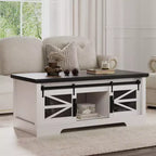 Table basse multifonctionnelle relevable CuisinSmart Farmhouse, porte coulissante façon grange, compartiment de rangement caché, table à manger convertible avec étagère réglable