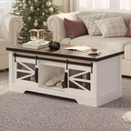 Table basse multifonctionnelle relevable CuisinSmart Farmhouse, porte coulissante façon grange, compartiment de rangement caché, table à manger convertible avec étagère réglable