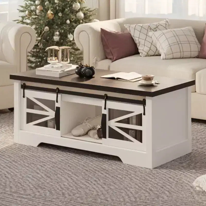 Table basse multifonctionnelle relevable CuisinSmart Farmhouse, porte coulissante façon grange, compartiment de rangement caché, table à manger convertible avec étagère réglable