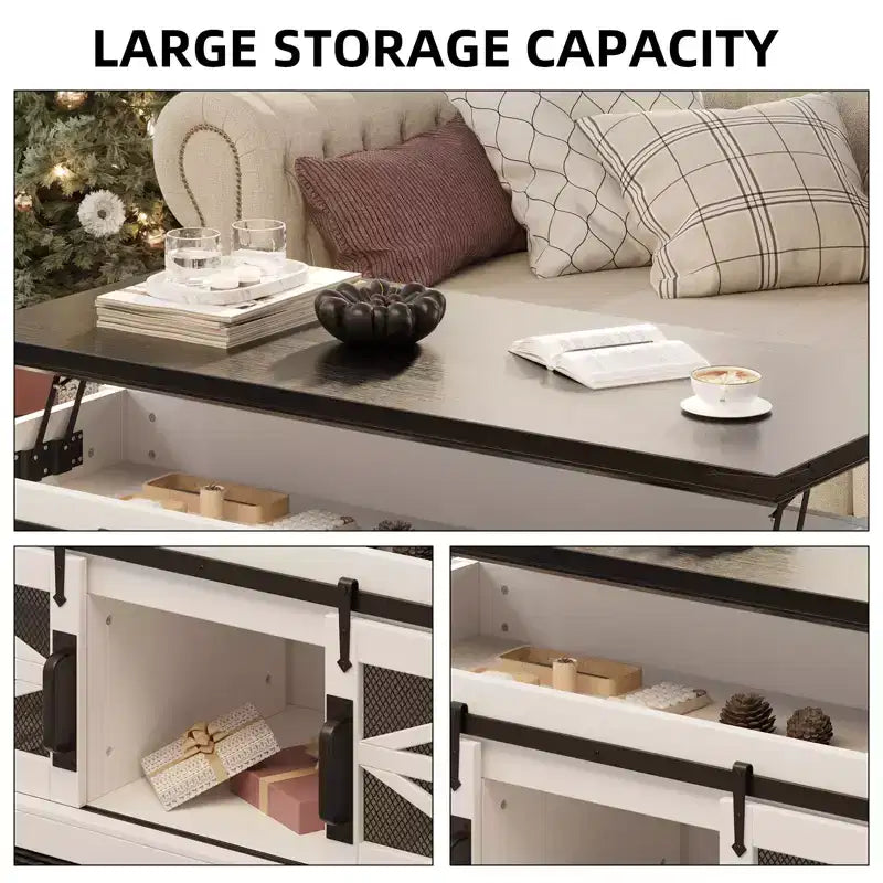 Table basse multifonctionnelle relevable CuisinSmart Farmhouse, porte coulissante façon grange, compartiment de rangement caché, table à manger convertible avec étagère réglable