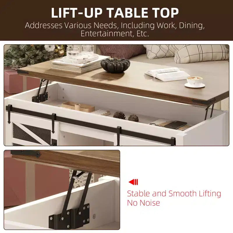 Table basse multifonctionnelle relevable CuisinSmart Farmhouse, porte coulissante façon grange, compartiment de rangement caché, table à manger convertible avec étagère réglable