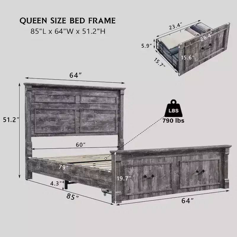 Cadre de lit Queen Size Mastgoal avec tête de lit de 130 cm de haut, pied de lit romain de 51 cm, 2 grands tiroirs de rangement, pas besoin de sommier à ressorts