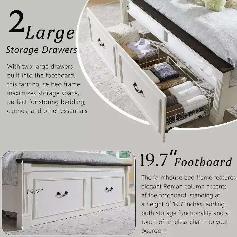 Cadre de lit Queen Size Mastgoal avec tête de lit de 130 cm de haut, pied de lit romain de 51 cm, 2 grands tiroirs de rangement, pas besoin de sommier à ressorts