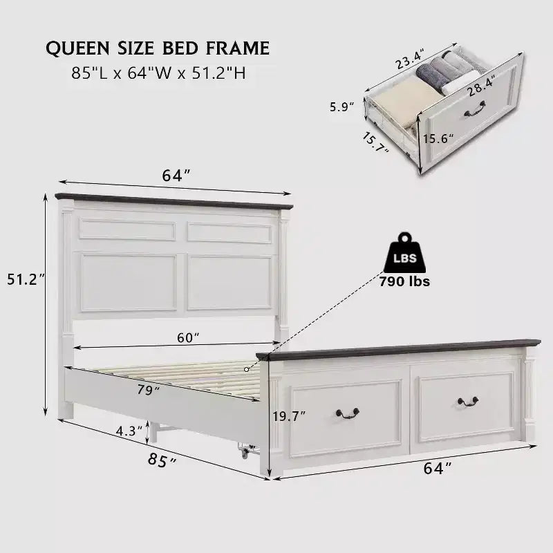 Cadre de lit Queen Size Mastgoal avec tête de lit de 130 cm de haut, pied de lit romain de 51 cm, 2 grands tiroirs de rangement, pas besoin de sommier à ressorts