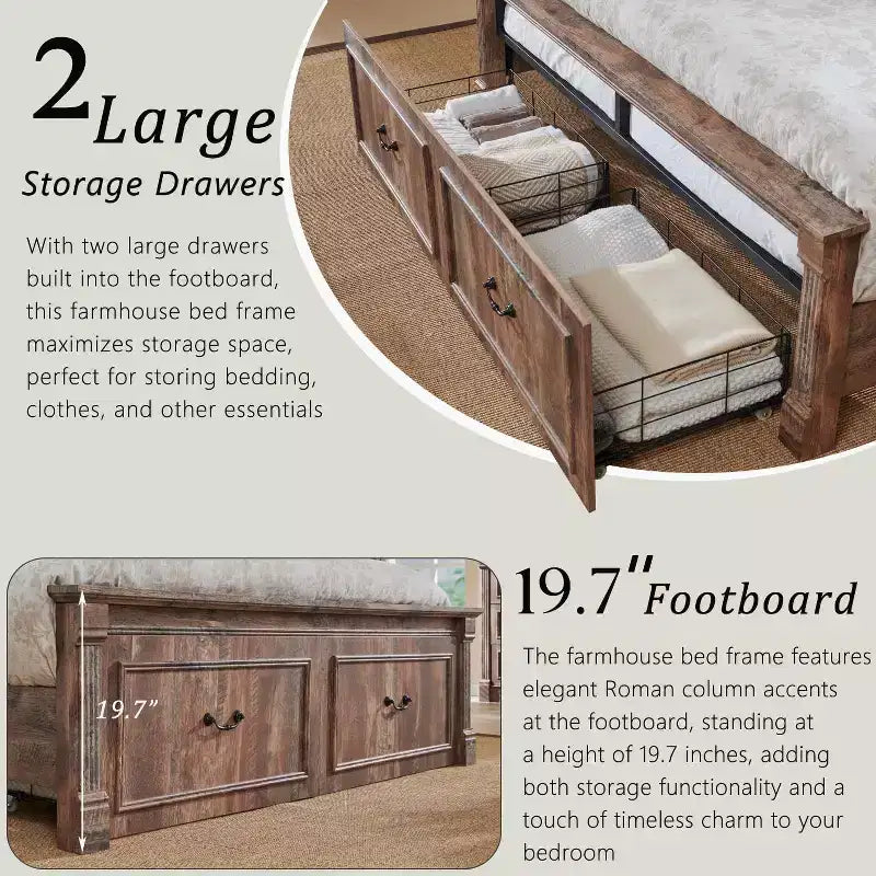 Cadre de lit Queen Size Mastgoal avec tête de lit de 130 cm de haut, pied de lit romain de 51 cm, 2 grands tiroirs de rangement, pas besoin de sommier à ressorts