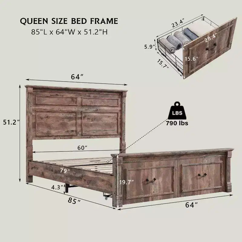 Cadre de lit Queen Size Mastgoal avec tête de lit de 130 cm de haut, pied de lit romain de 51 cm, 2 grands tiroirs de rangement, pas besoin de sommier à ressorts