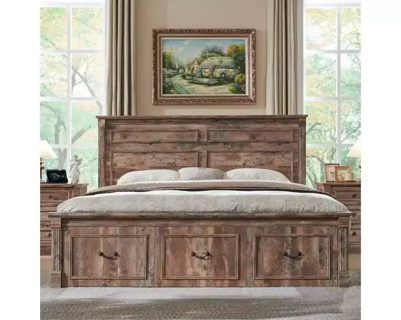 Cadre de lit Queen Size Mastgoal avec tête de lit de 130 cm de haut, pied de lit romain de 51 cm, 2 grands tiroirs de rangement, pas besoin de sommier à ressorts