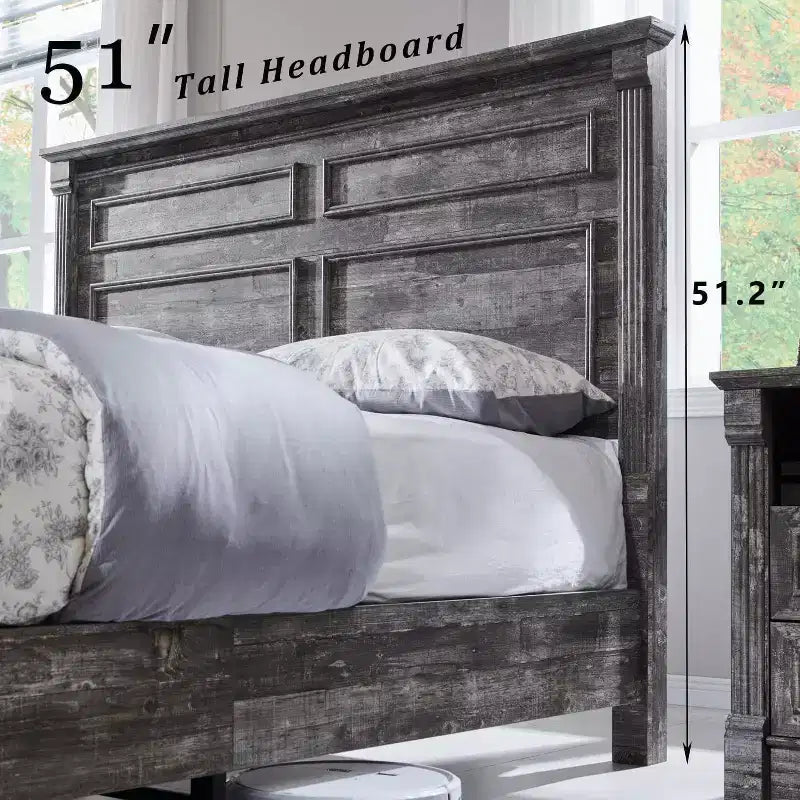 Cadre de lit Queen Size Mastgoal avec tête de lit de 130 cm de haut, pied de lit romain de 51 cm, 2 grands tiroirs de rangement, pas besoin de sommier à ressorts