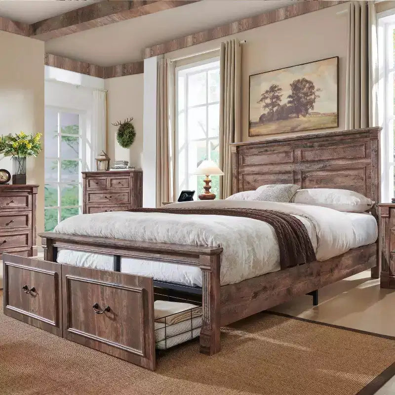 Cadre de lit Queen Size Mastgoal avec tête de lit de 130 cm de haut, pied de lit romain de 51 cm, 2 grands tiroirs de rangement, pas besoin de sommier à ressorts