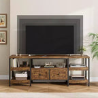 Meuble TV rustique de 180 cm avec rangement - Pour téléviseurs jusqu'à 75 pouces, 2 tiroirs et étagères ouvertes, meuble TV de style industriel avec cadre en métal
