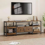 Meuble TV rustique de 180 cm avec rangement - Pour téléviseurs jusqu'à 75 pouces, 2 tiroirs et étagères ouvertes, meuble TV de style industriel avec cadre en métal