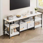 Meuble TV rustique de 180 cm avec rangement - Pour téléviseurs jusqu'à 75 pouces, 2 tiroirs et étagères ouvertes, meuble TV de style industriel avec cadre en métal