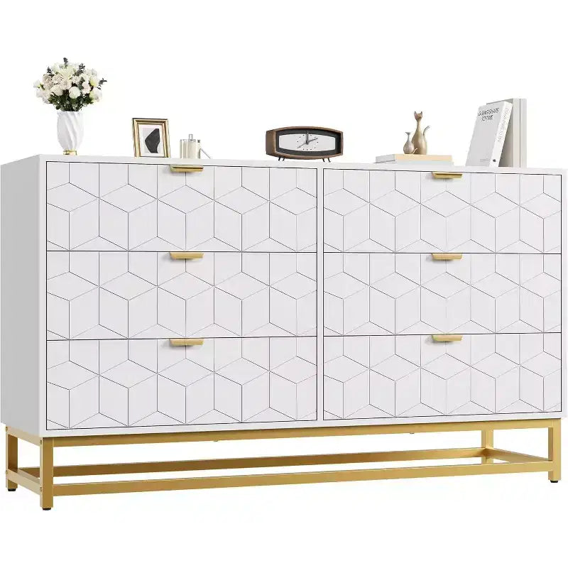 DobleePy White 6-Drawer Dresser with Gold Metal Legs, 53.5 Wide Large Storage Chest for Bedroom, Living Room, Entryway