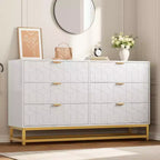 Commode Blanche à 6 Tiroirs DobleePy avec Pieds en Métal Doré, Grande Commode de Rangement de 136 cm de Large pour Chambre, Salon, Entrée