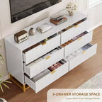 Commode Blanche à 6 Tiroirs DobleePy avec Pieds en Métal Doré, Grande Commode de Rangement de 136 cm de Large pour Chambre, Salon, Entrée