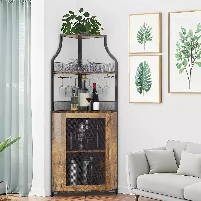 CuisinSmart Corner Wine Bar Cabinet with Detachable Wine Rack, Bar Cabinet with Glass Holder, Small Sideboard and Buffet Cabinet with Mesh Door