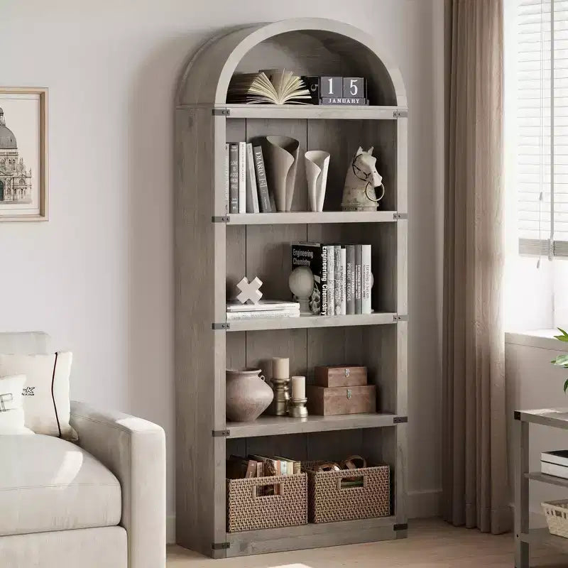 GustoWave 71.65in Tall BookcaseArched Bookshelf Farmhouse Display Storage RackWooden Bookshelves,White/Gray