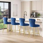 PexFix Lot de 2 tabourets de bar en velours, hauteur comptoir, pieds en métal, dossier ailé capitonné avec boutons et clous décoratifs, couleur bleue