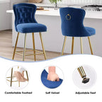 PexFix Lot de 2 tabourets de bar en velours, hauteur comptoir, pieds en métal, dossier ailé capitonné avec boutons et clous décoratifs, couleur bleue