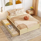 Lit plateforme en bois Costway, pleine/double, avec 2 tiroirs de rangement roulants, support à lattes en bois, naturel/blanc