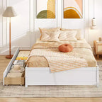 Lit plateforme en bois Costway, pleine/double, avec 2 tiroirs de rangement roulants, support à lattes en bois, naturel/blanc