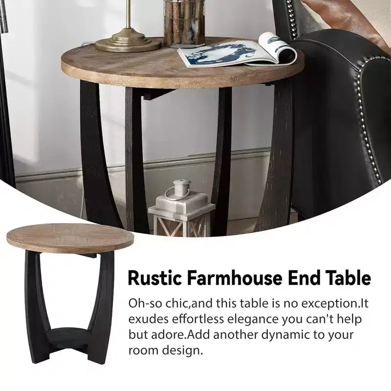 COZAYH Table d'appoint ronde rustique de style campagnard avec étagère de rangement, table d'appoint pour le salon ou les petits espaces dans les maisons, salon, noir