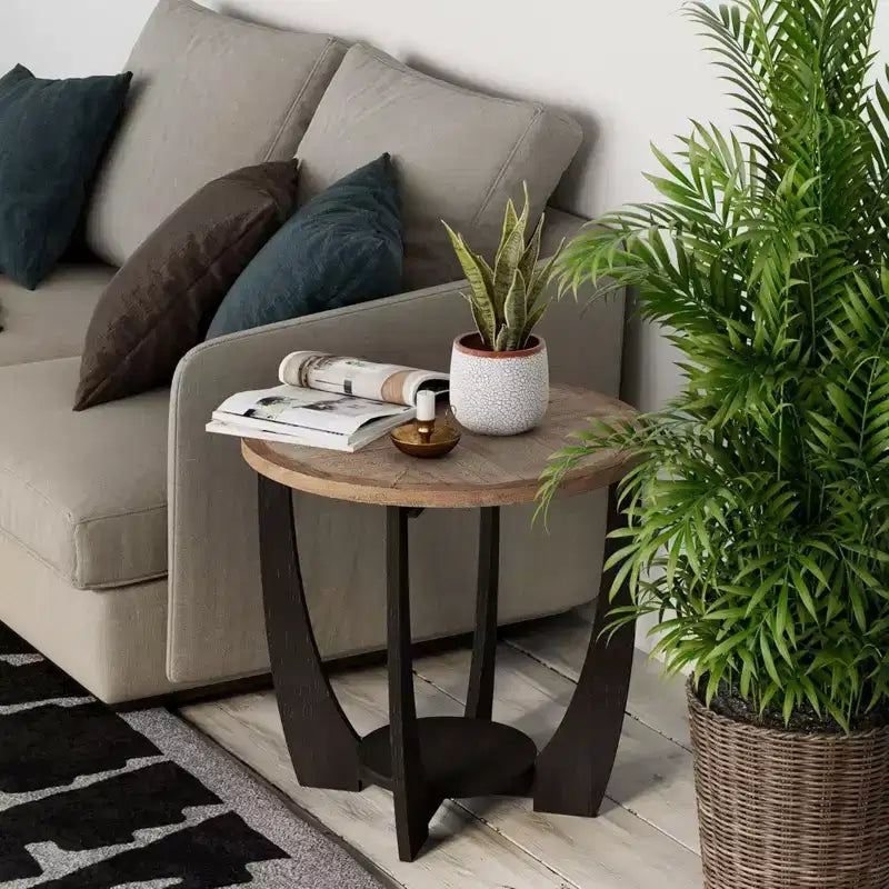 COZAYH Table d'appoint ronde rustique de style campagnard avec étagère de rangement, table d'appoint pour le salon ou les petits espaces dans les maisons, salon, noir