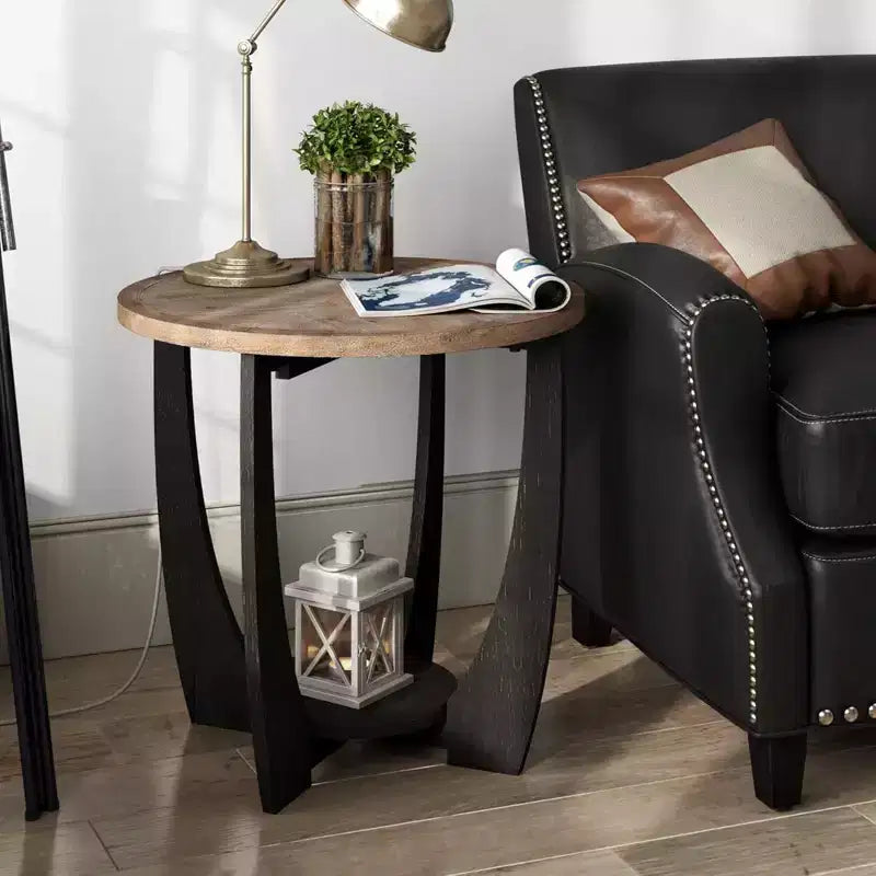 COZAYH Table d'appoint ronde rustique de style campagnard avec étagère de rangement, table d'appoint pour le salon ou les petits espaces dans les maisons, salon, noir