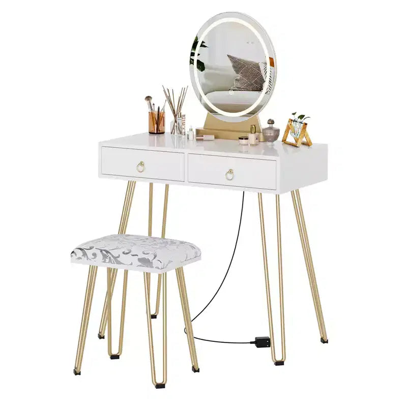 GustoWave Coiffeuse avec tabouret, petite coiffeuse avec 3 modes d'éclairage à luminosité réglable, coiffeuse de 81 cm avec 2 tiroirs