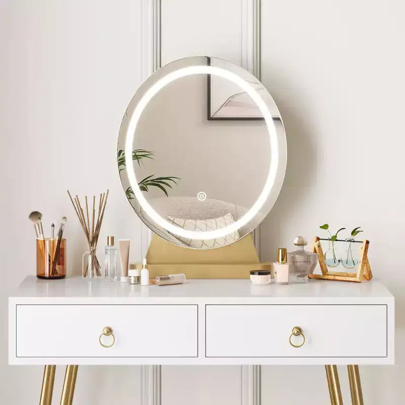 GustoWave Coiffeuse avec tabouret, petite coiffeuse avec 3 modes d'éclairage à luminosité réglable, coiffeuse de 81 cm avec 2 tiroirs