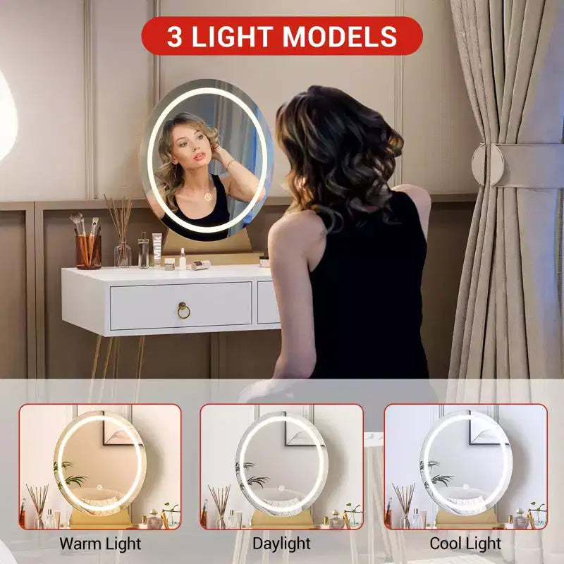 GustoWave Coiffeuse avec tabouret, petite coiffeuse avec 3 modes d'éclairage à luminosité réglable, coiffeuse de 81 cm avec 2 tiroirs