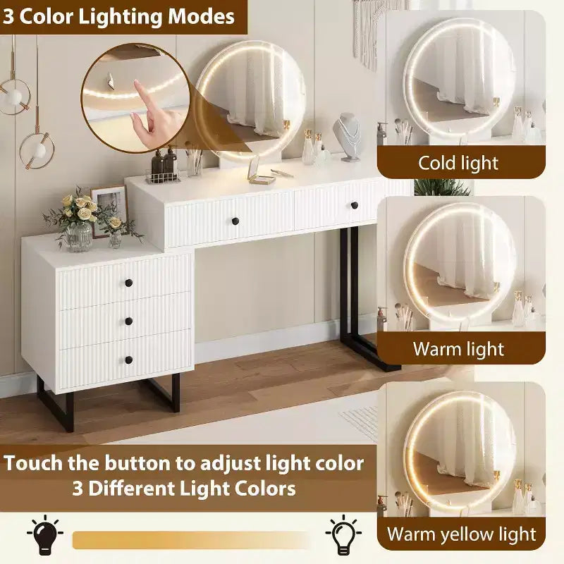 Coiffeuse GustoWave avec miroir et lumières, Petite coiffeuse de maquillage avec 5 tiroirs pour chambre à coucher, Organiseur de coiffeuse avec 3 couleurs de lumières