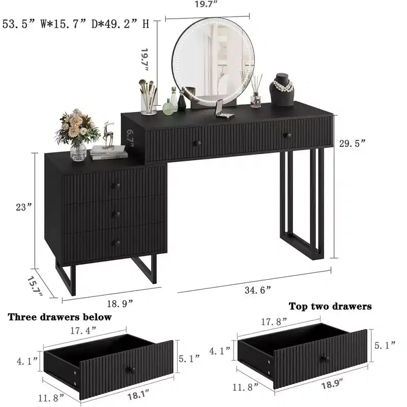 Coiffeuse GustoWave avec miroir et lumières, Petite coiffeuse de maquillage avec 5 tiroirs pour chambre à coucher, Organiseur de coiffeuse avec 3 couleurs de lumières