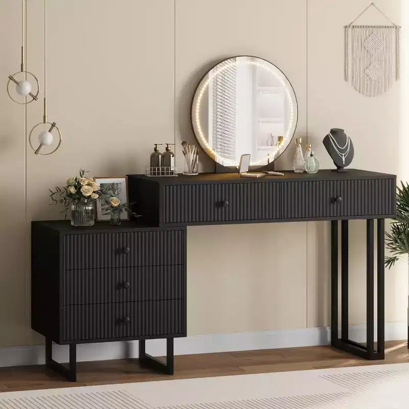 Coiffeuse GustoWave avec miroir et lumières, Petite coiffeuse de maquillage avec 5 tiroirs pour chambre à coucher, Organiseur de coiffeuse avec 3 couleurs de lumières